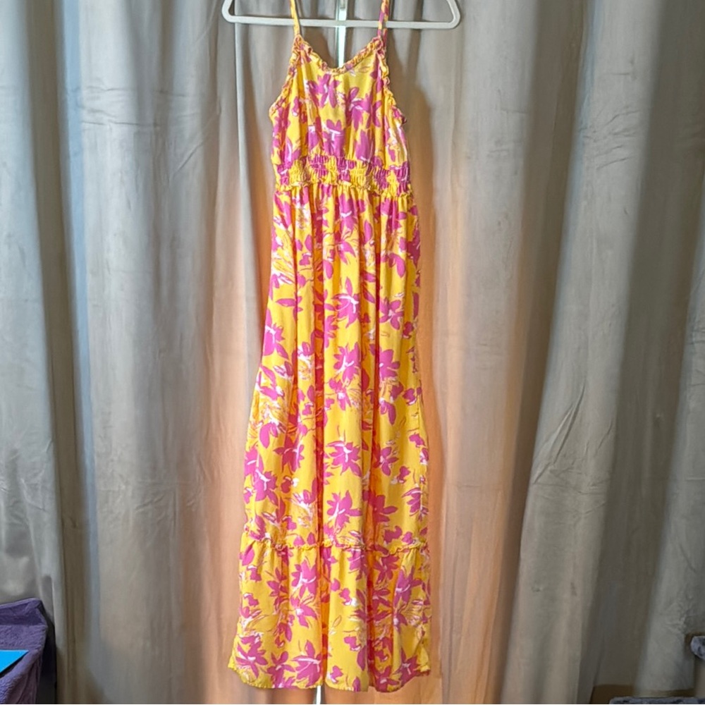 Jessica Simpson Women’s Yellow and Pink Sundress Ruched Waist Spaghetti Straps